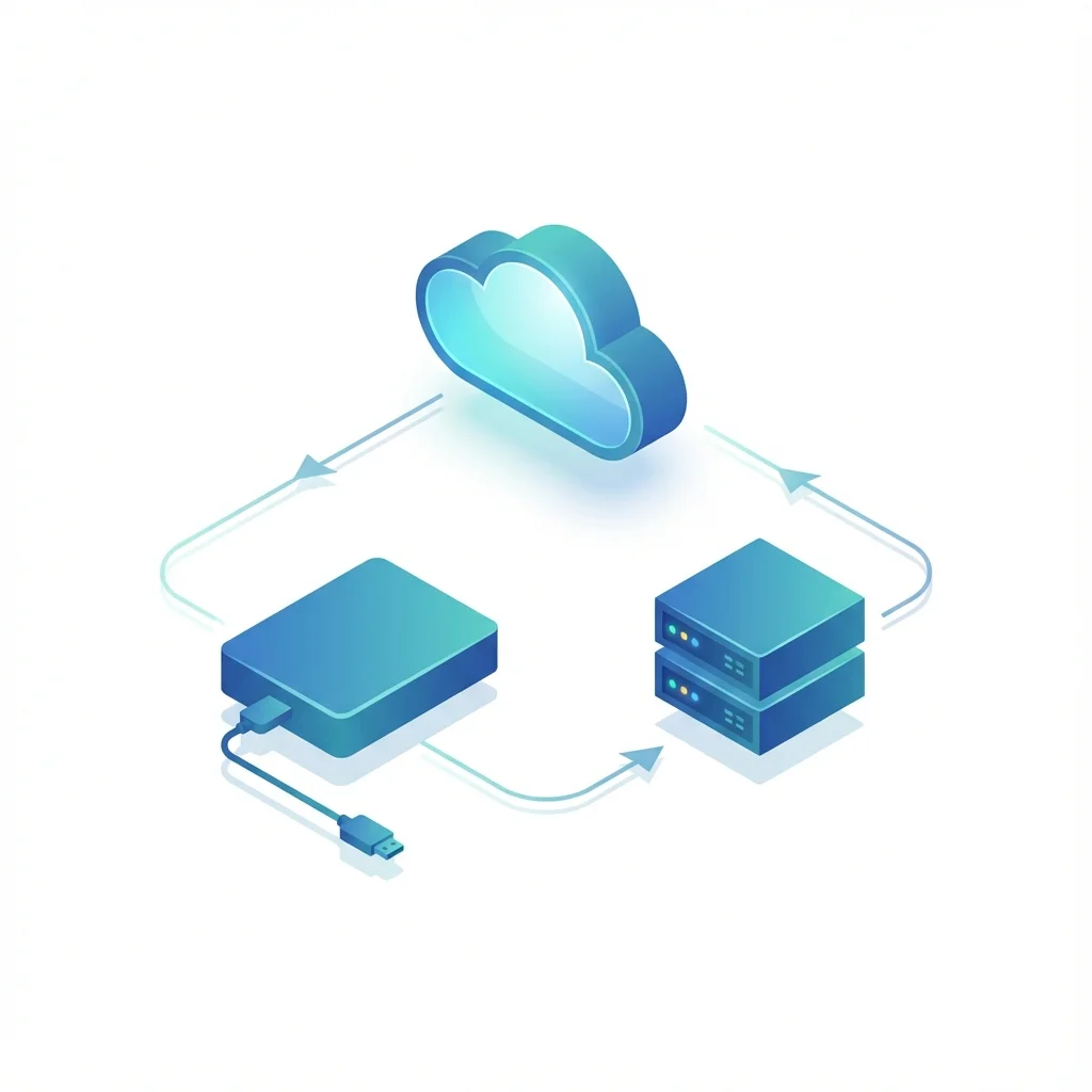 Nube, disco externo y servidor conectados en triángulo