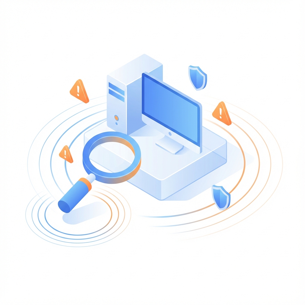 Lupa analizando un ordenador con alertas de seguridad