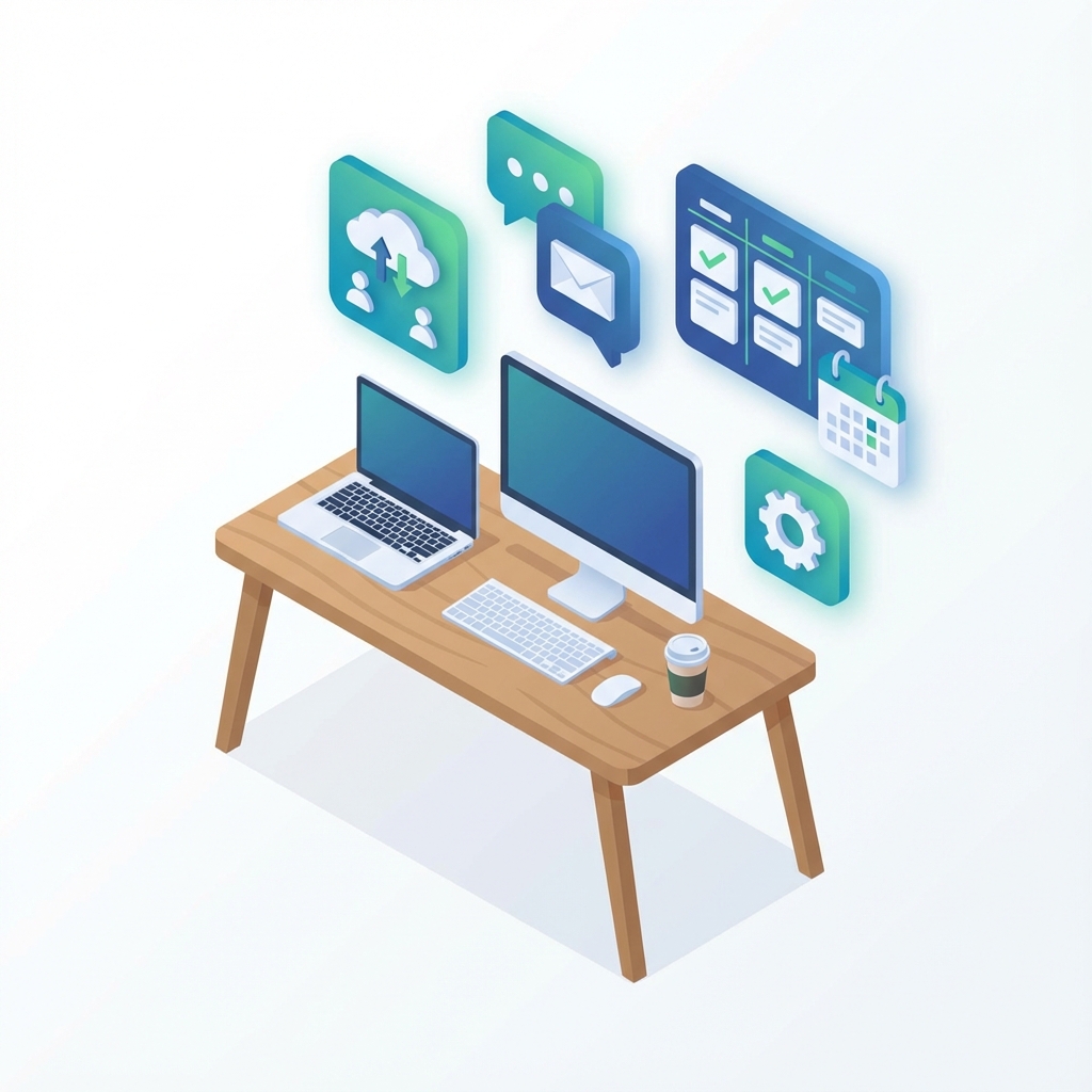 Escritorio con herramientas de productividad flotantes