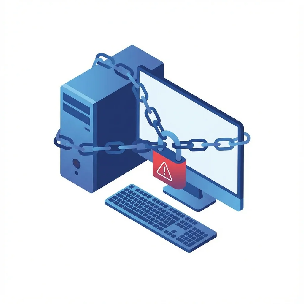 Ordenador bloqueado con cadenas y candado