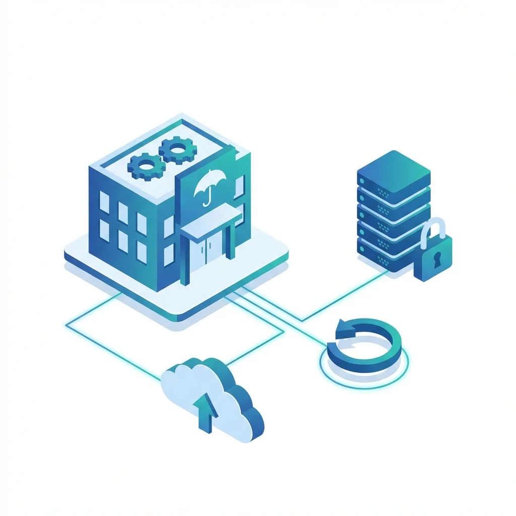 Ilustración de un plan de recuperación de desastres con servidores y flechas de retorno