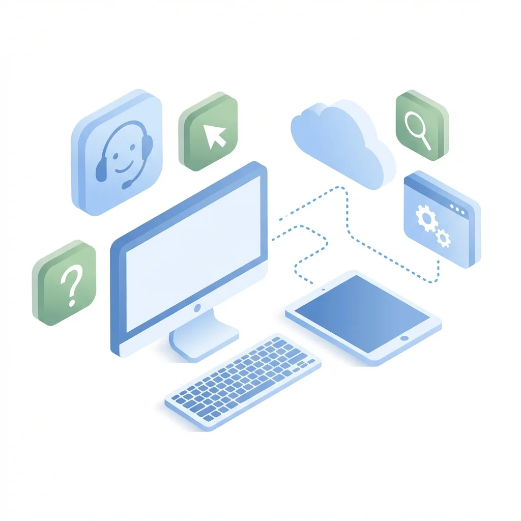 Técnico ayudando a usuario no técnico mediante iconos claros y amigables